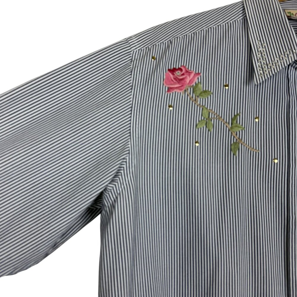 Cactus California Vtg 90s Shirt Women’s L/XL Blue White Stripe Embroidered Rose - Picture 8 of 14